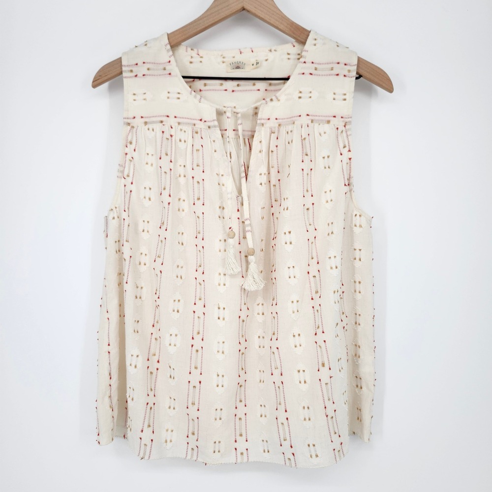Faherty Sunburst Dobby Skyler Blouse Womens Medium Earthy Whimsy Dainty Tassel - Picture 2 of 10